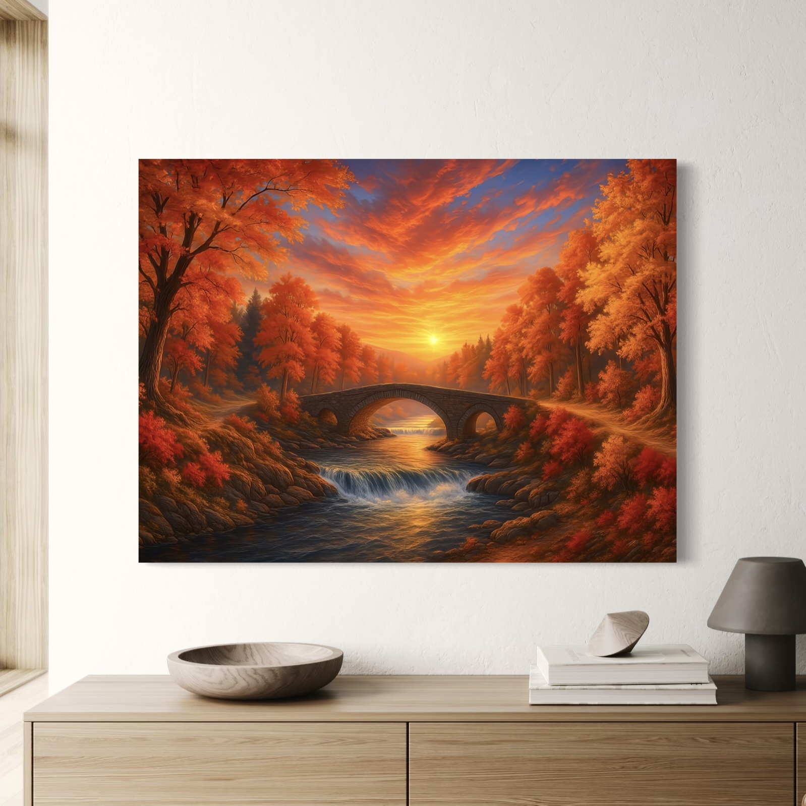Tableau Paysage Automnal Passage d'Ambre – Rivière & Pont de Pierre | SPEKTRA Tableau paysage automnal Passage d'Ambre avec pont en pierre, rivière lumineuse et coucher de soleil flamboyant