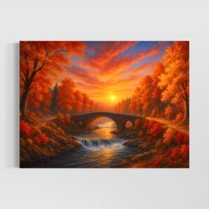 Tableau paysage automnal Passage d'Ambre avec rivière lumineuse, pont en pierre et coucher de soleil flamboyant