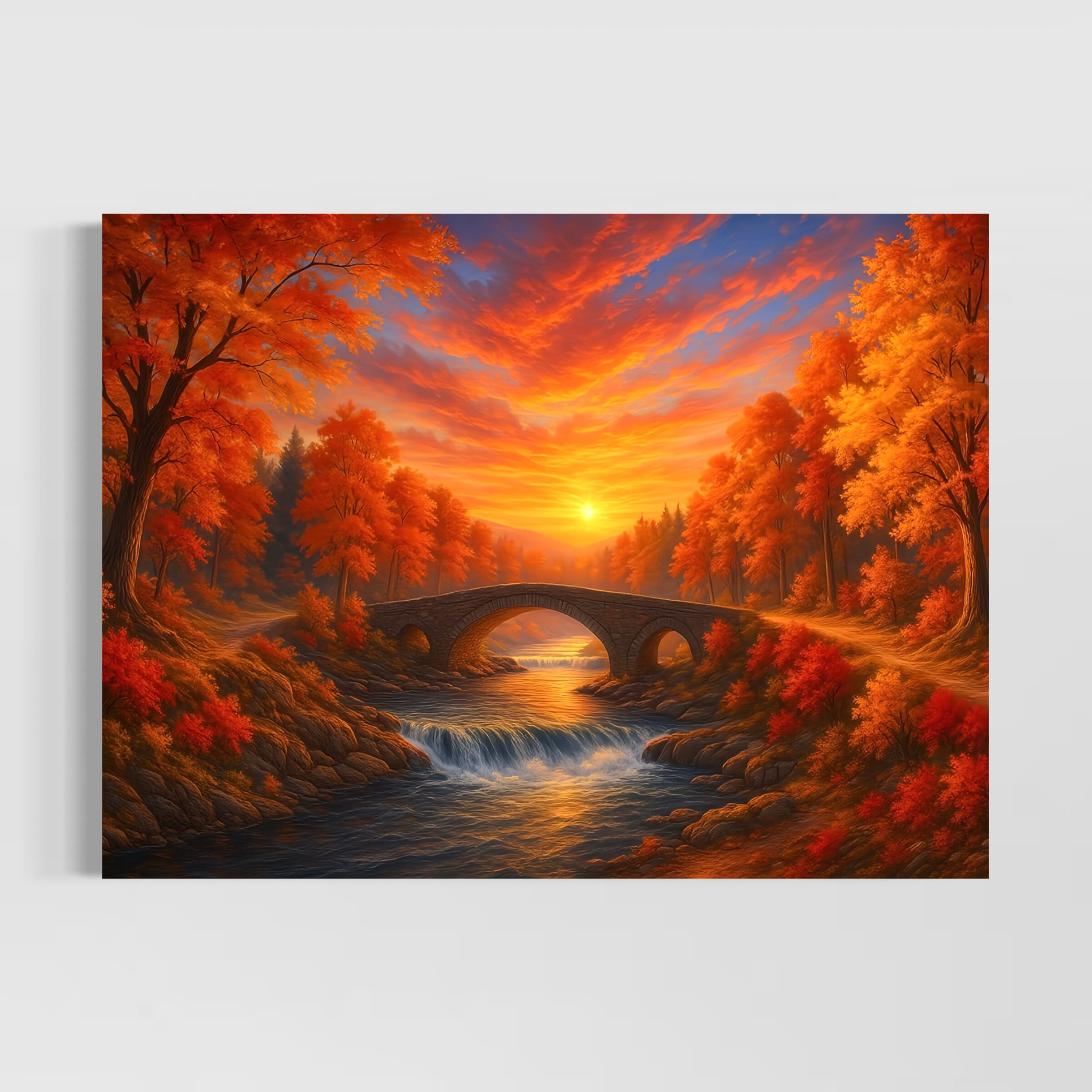 Tableau Paysage Automnal Passage d'Ambre – Rivière & Pont de Pierre | SPEKTRA Tableau paysage automnal Passage d'Ambre avec rivière lumineuse, pont en pierre et coucher de soleil flamboyant