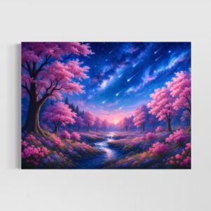 Tableau paysage fantastique Nuit d'Éternité avec cerisiers roses, rivière lumineuse et ciel étoilé traversé d'étoiles filantes