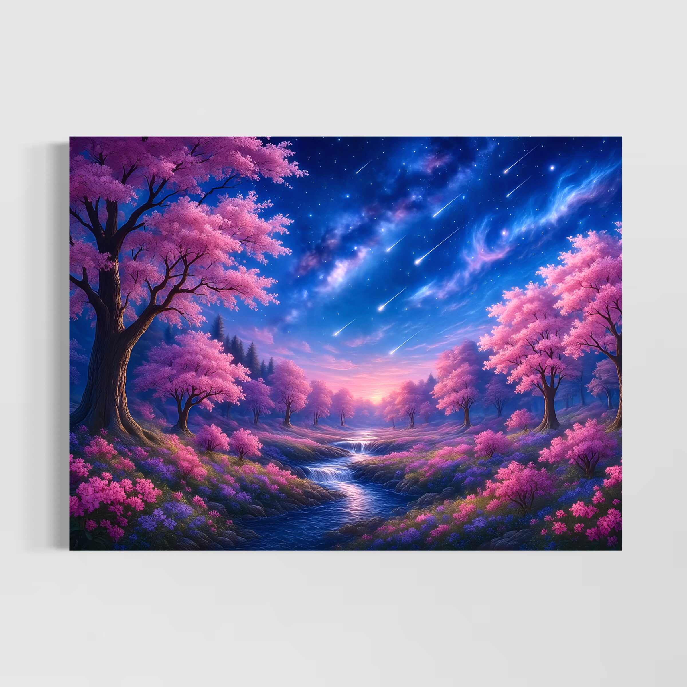 Tableau Paysage Fantastique – Nuit d'Éternité Tableau paysage fantastique Nuit d'Éternité avec cerisiers roses, rivière lumineuse et ciel étoilé traversé d'étoiles filantes
