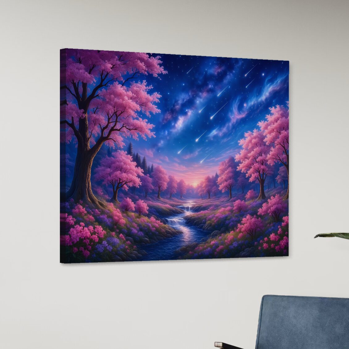 Tableau Paysage Fantastique – Nuit d'Éternité Tableau paysage féerique Nuit d'Éternité avec cerisiers roses, rivière lumineuse, étoiles filantes et ciel nocturne enchanteur