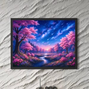 Tableau paysage féerique Nuit d'Éternité avec cerisiers roses, rivière lumineuse, étoiles filantes et ciel nocturne enchanteur