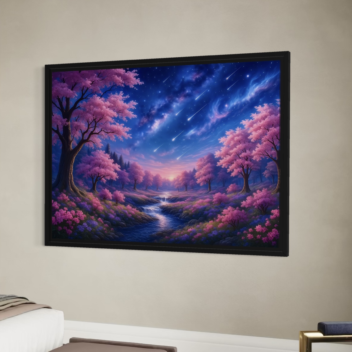 Tableau Paysage Fantastique – Nuit d'Éternité Tableau paysage féerique Nuit d'Éternité avec cerisiers roses, rivière lumineuse, étoiles filantes et ciel nocturne enchanteur