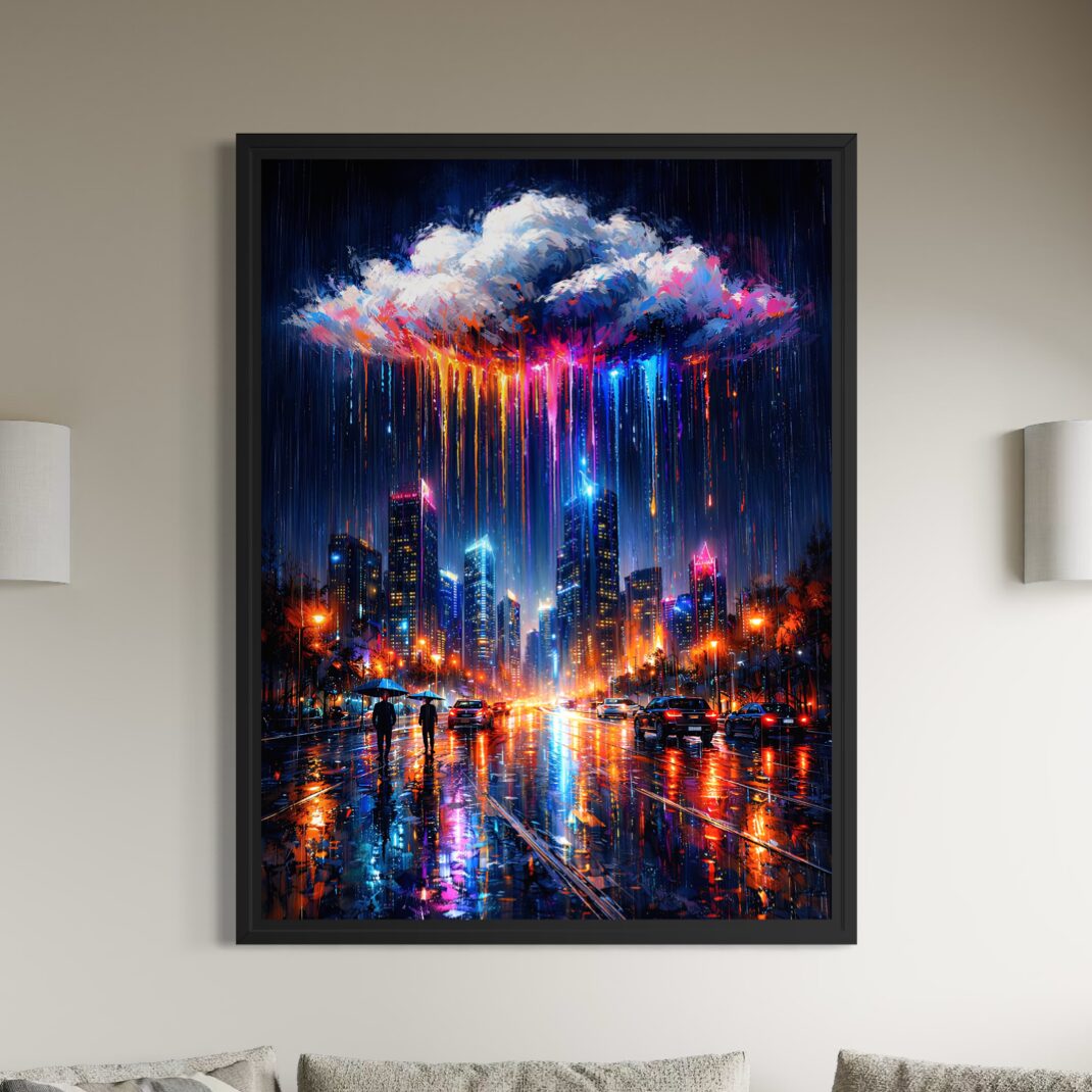 Tableau Ville de Nuit – Nuit Électrique Tableau Nuit Électrique représentant un paysage urbain de nuit sous la pluie, avec skyline lumineuse, reflets néon colorés, voitures et atmosphère moderne dans une décoration de salon.