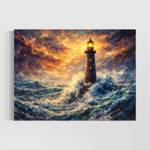 Tableau Phare Breton représentant un phare en pleine tempête sur l'océan Atlantique avec vagues déchaînées, ciel dramatique et lumière guidant les marins, idéal pour une décoration marine contemporaine.
