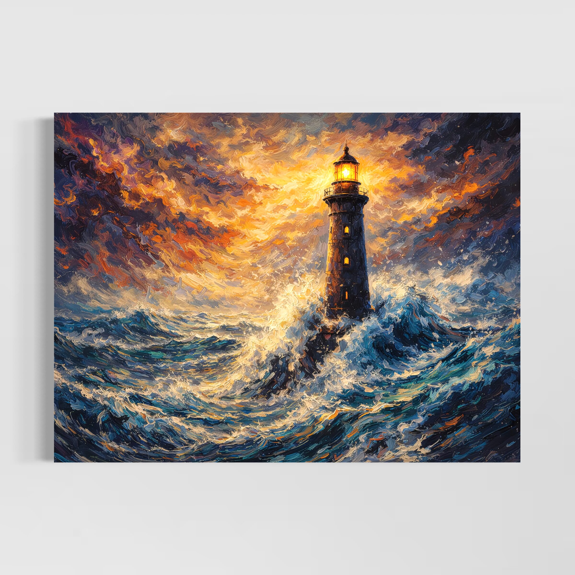 Tableau Phare Breton représentant un phare en pleine tempête sur l'océan Atlantique avec vagues déchaînées, ciel dramatique et lumière guidant les marins, idéal pour une décoration marine contemporaine.