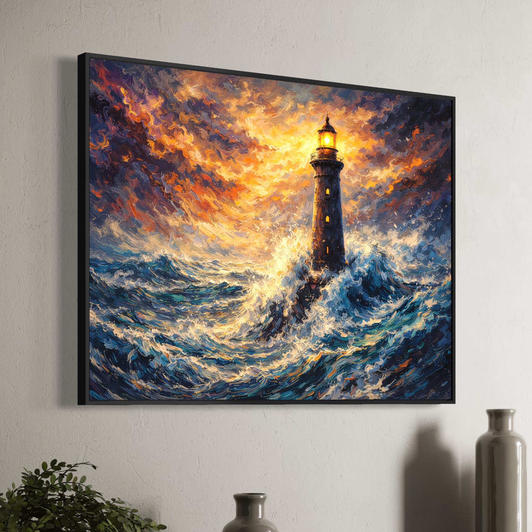 Tableau Phare Breton en décoration murale représentant un phare illuminé face aux vagues de l'océan Atlantique sous un ciel de tempête inspiré de la Bretagne.