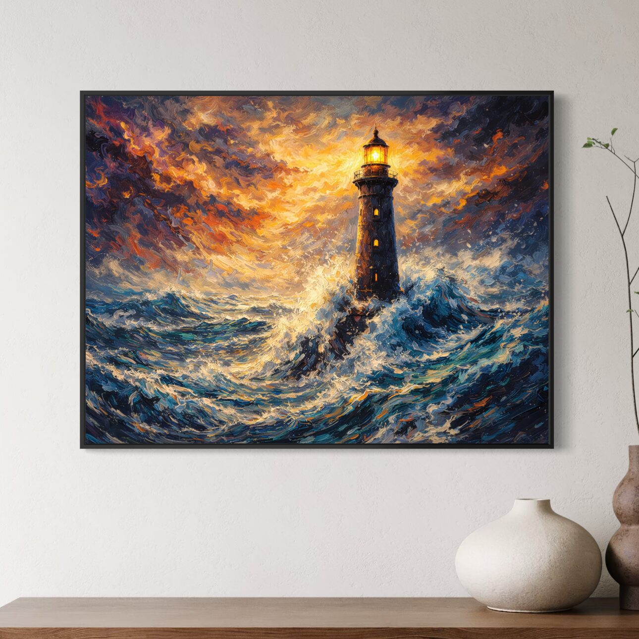 Tableau Phare Breton encadré noir installé dans un salon moderne représentant un phare affrontant les vagues de l'océan Atlantique sous un ciel tempétueux aux couleurs flamboyantes.
