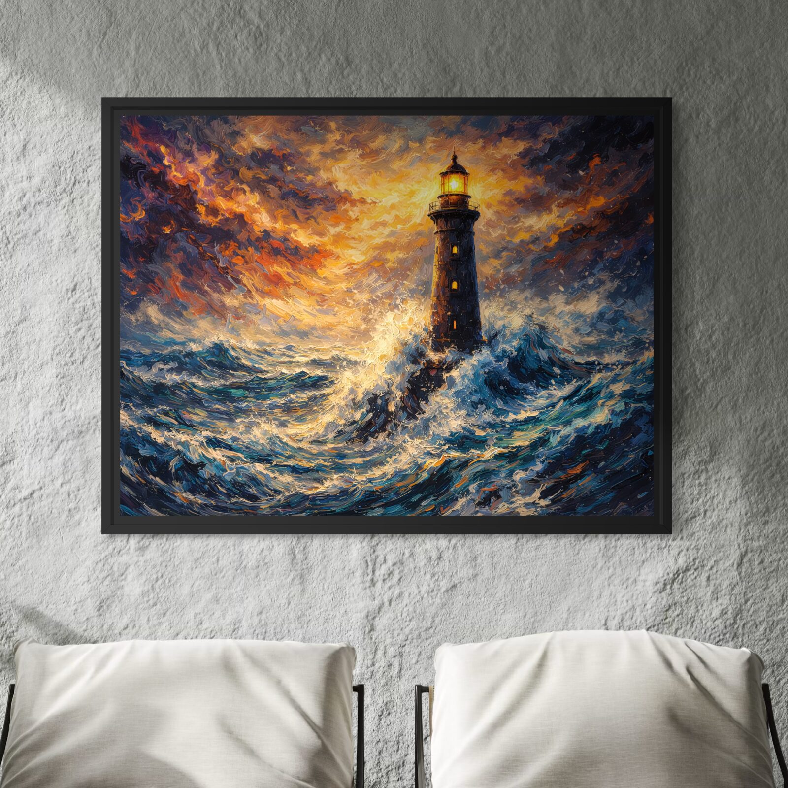 Tableau Phare Breton encadré noir représentant un phare affrontant une tempête sur l'océan Atlantique avec de puissantes vagues, un ciel dramatique et une lumière guidant les marins.