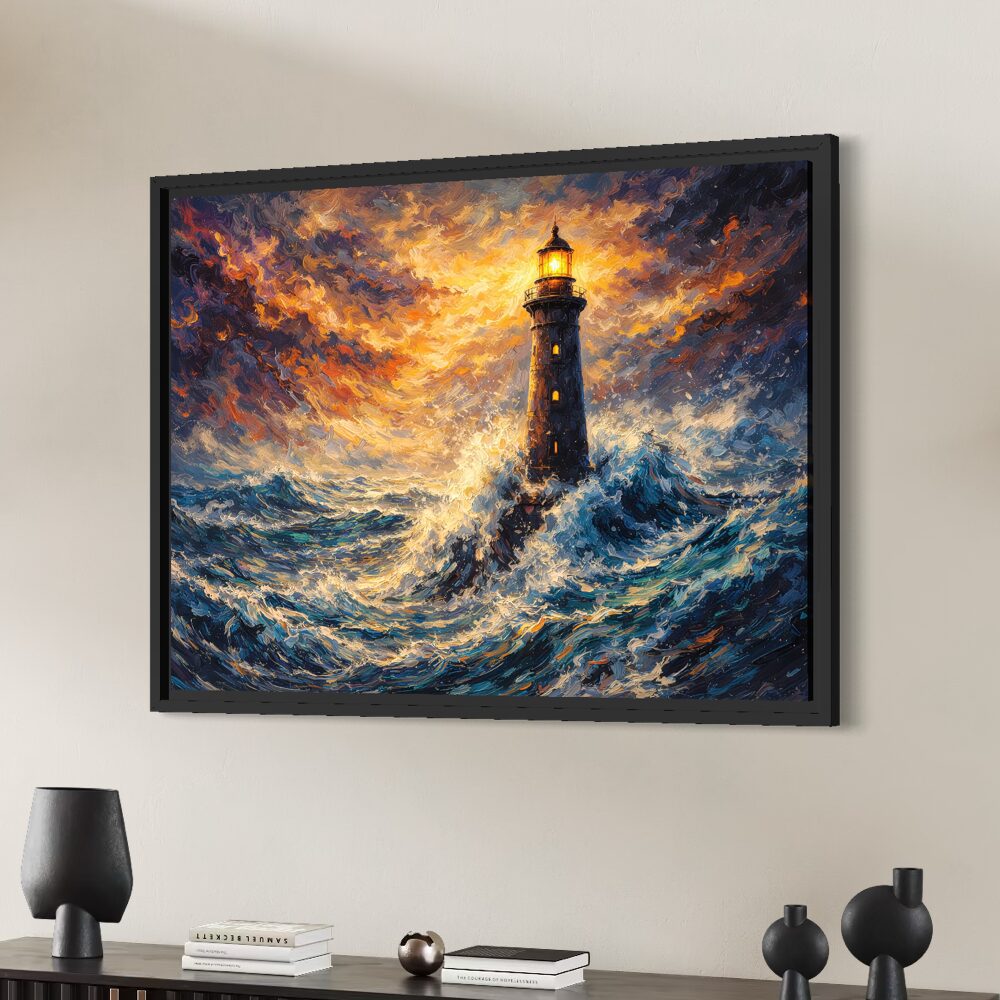 Tableau Phare Breton encadré noir vu de côté représentant un phare affrontant une tempête sur l'océan Atlantique avec vagues déchaînées, ciel dramatique et lumière guidant les marins.