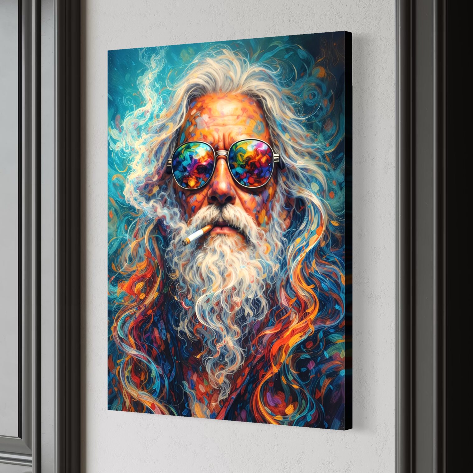 Tableau Psychédélique Homme Barbu – L'Alchimiste Tableau portrait art psychédélique représentant un homme sage à barbe blanche avec lunettes colorées dans un univers abstrait contemporain
