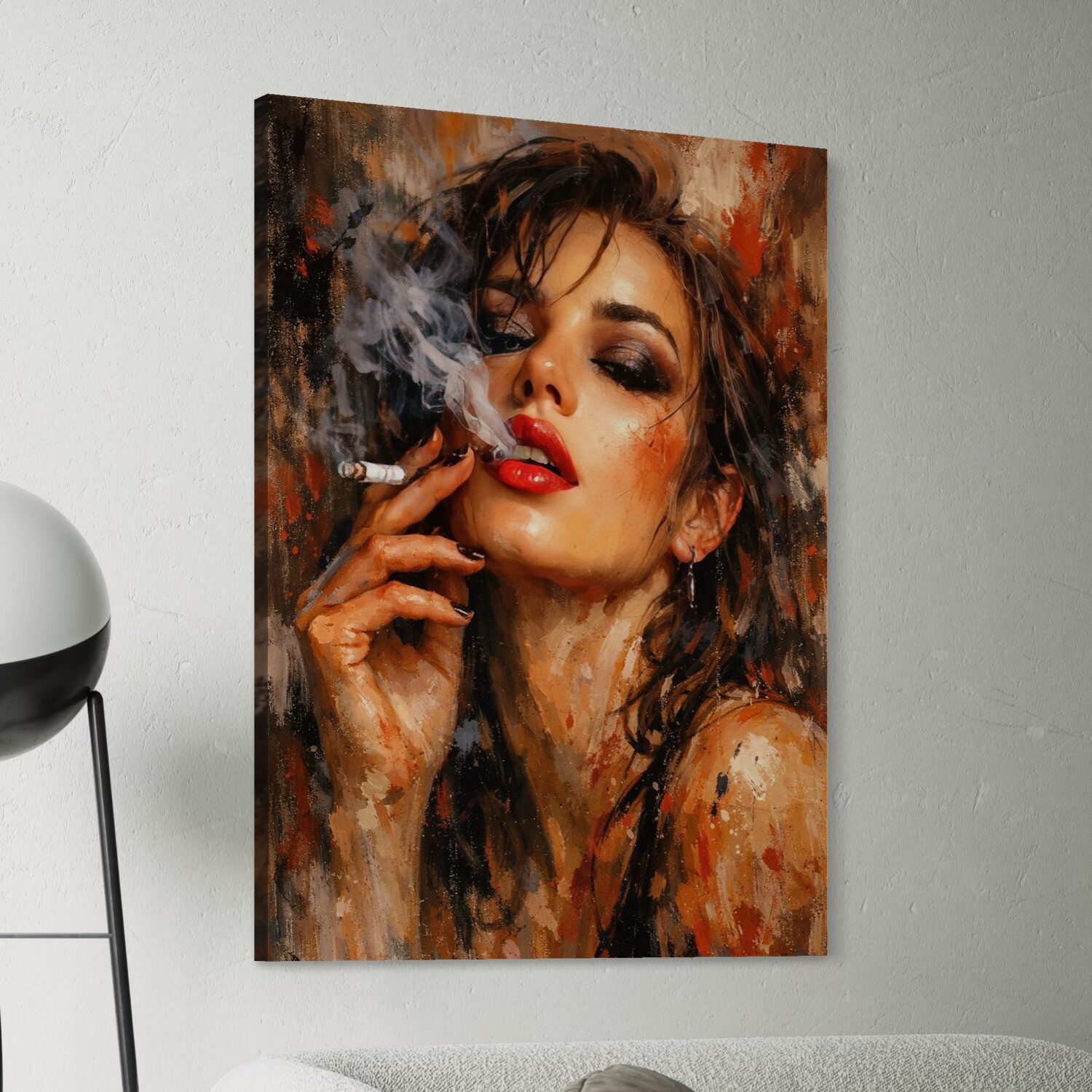 Tableau Femme Sensuelle – Ivresse Rouge Vue latérale du tableau Ivresse Rouge représentant un portrait de femme aux lèvres rouges avec fumée, regard intense, touches chaudes et style art moderne dans une décoration murale élégante.