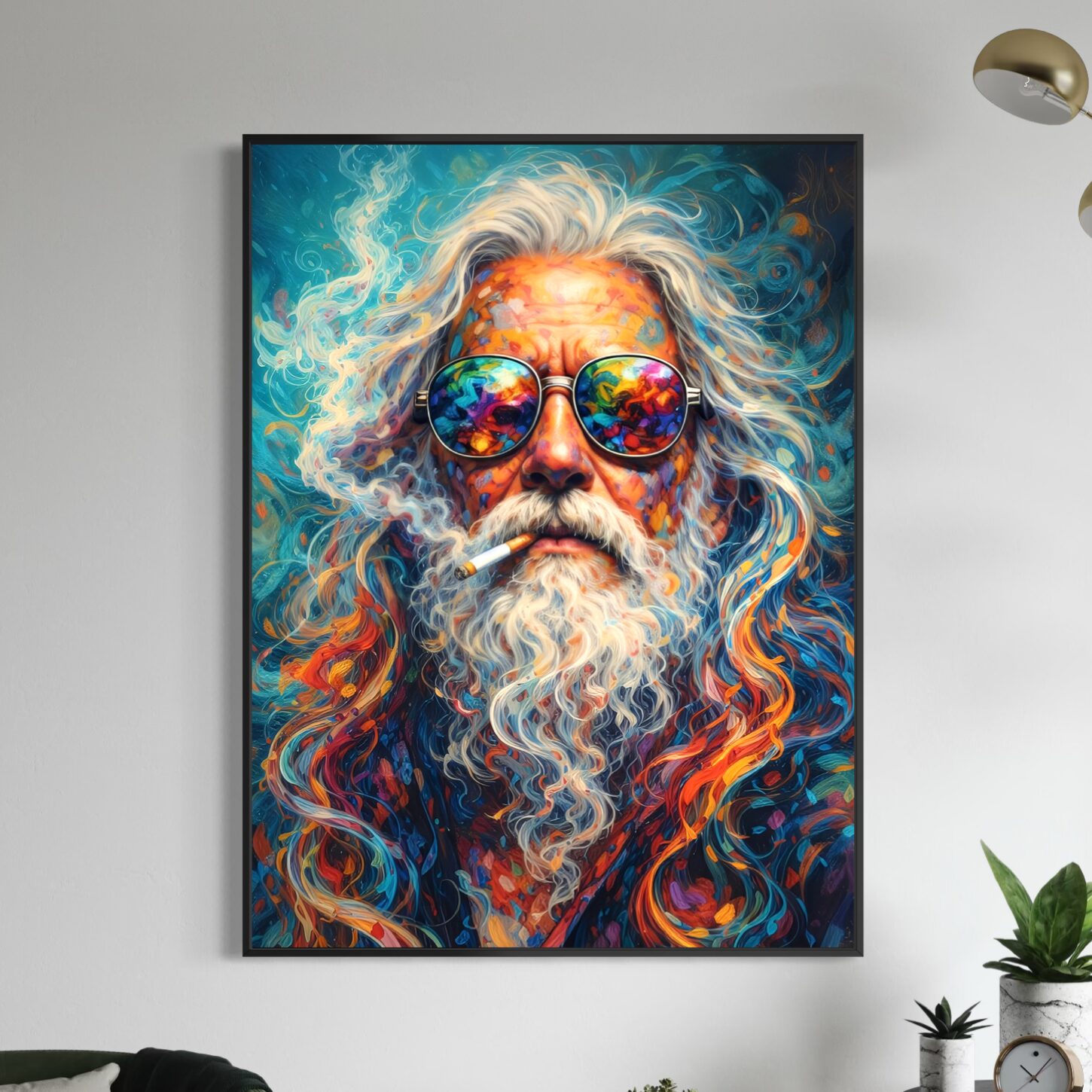 Tableau Psychédélique Homme Barbu – L'Alchimiste Tableau portrait psychédélique coloré représentant un homme à barbe blanche avec lunettes multicolores dans un salon moderne
