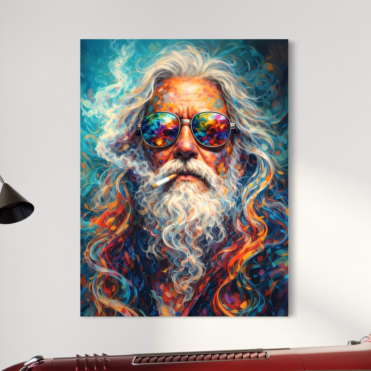 Tableau Psychédélique Homme Barbu – L'Alchimiste Tableau portrait psychédélique coloré représentant un homme à barbe blanche avec lunettes vintage aux reflets multicolores
