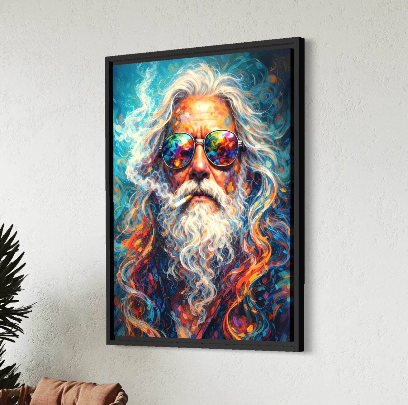 Tableau Psychédélique Homme Barbu – L'Alchimiste Tableau portrait psychédélique homme à barbe blanche avec lunettes colorées dans un intérieur moderne avec cadre noir