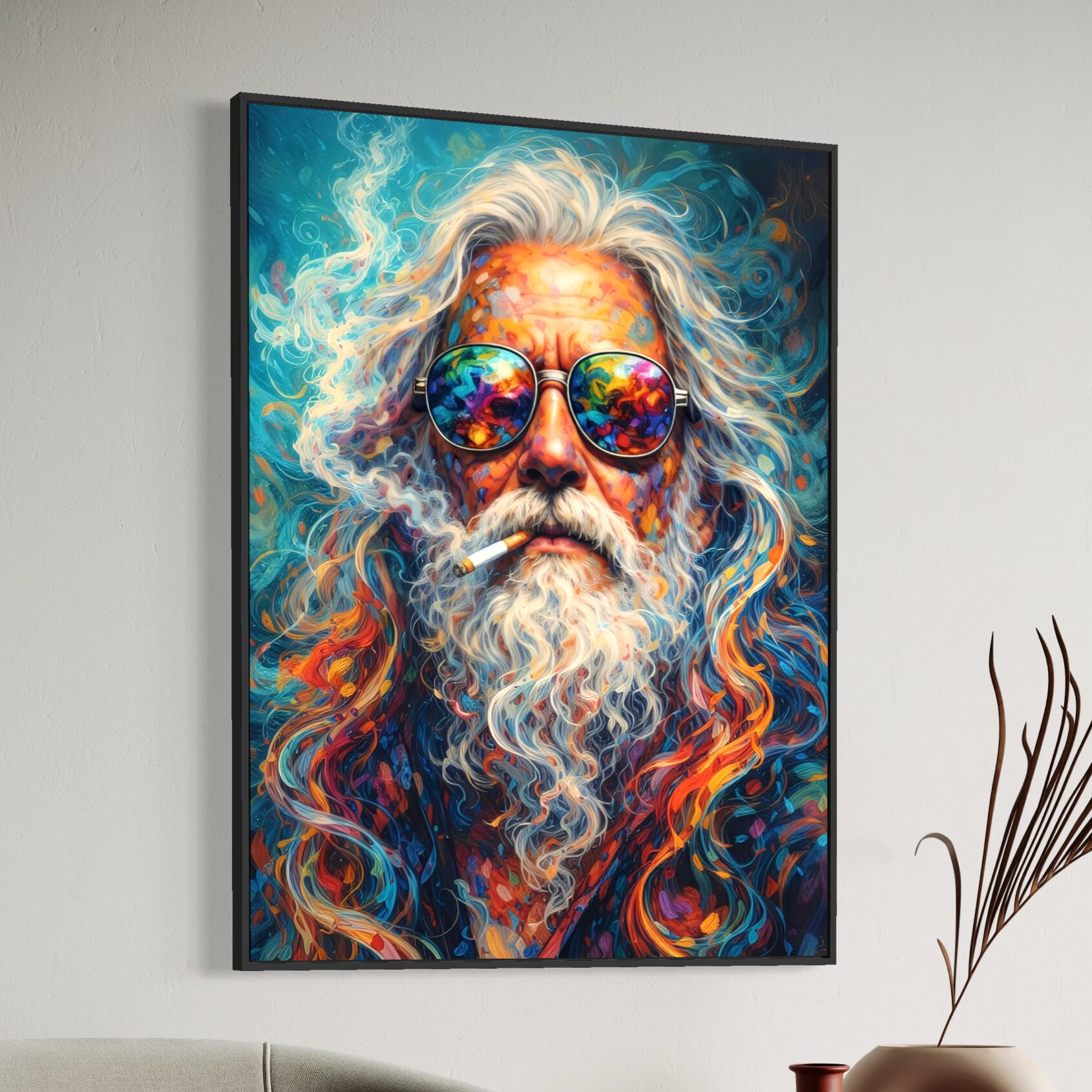 Tableau Psychédélique Homme Barbu – L'Alchimiste Tableau portrait psychédélique vintage représentant un homme à barbe blanche avec lunettes colorées et expression artistique contemporaine