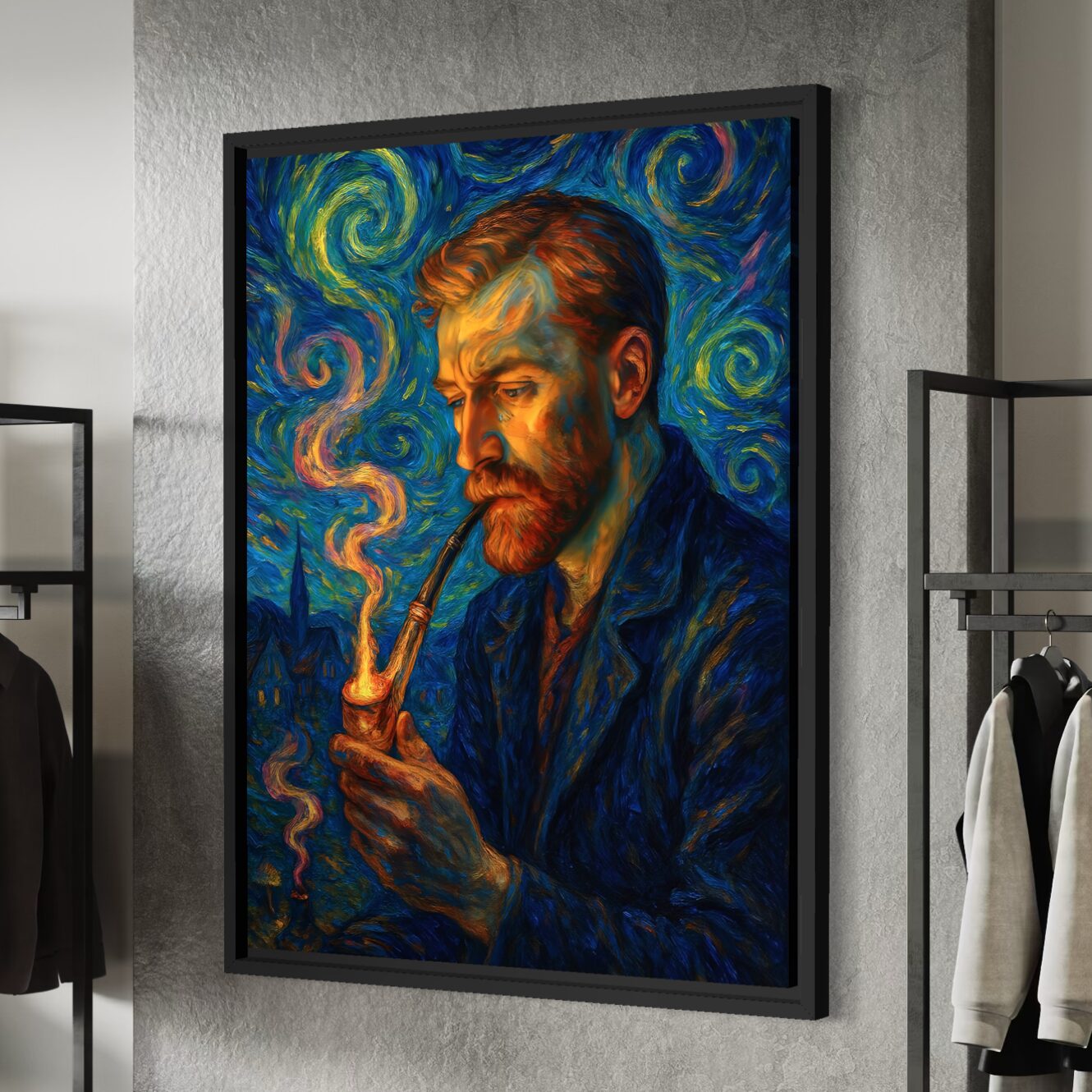 Tableau Nuits Intérieures – Portrait Expressionniste Inspiré des Nuits Étoilées | SPEKTRA Tableau portrait inspiré de Vincent van Gogh dans un univers de Nuit étoilée aux tourbillons bleus et lumières expressionnistes