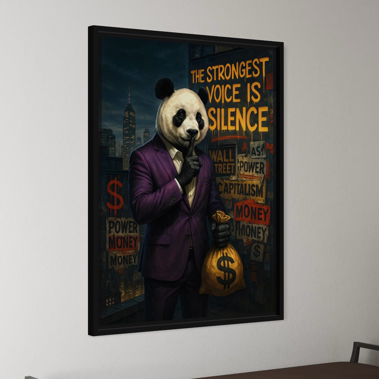 Vue de trois quarts du tableau street art moderne Pouvoir Silencieux avec cadre noir, représentant un panda en costume tenant un sac d’argent devant une scène urbaine inspirée de la finance et du pouvoir.