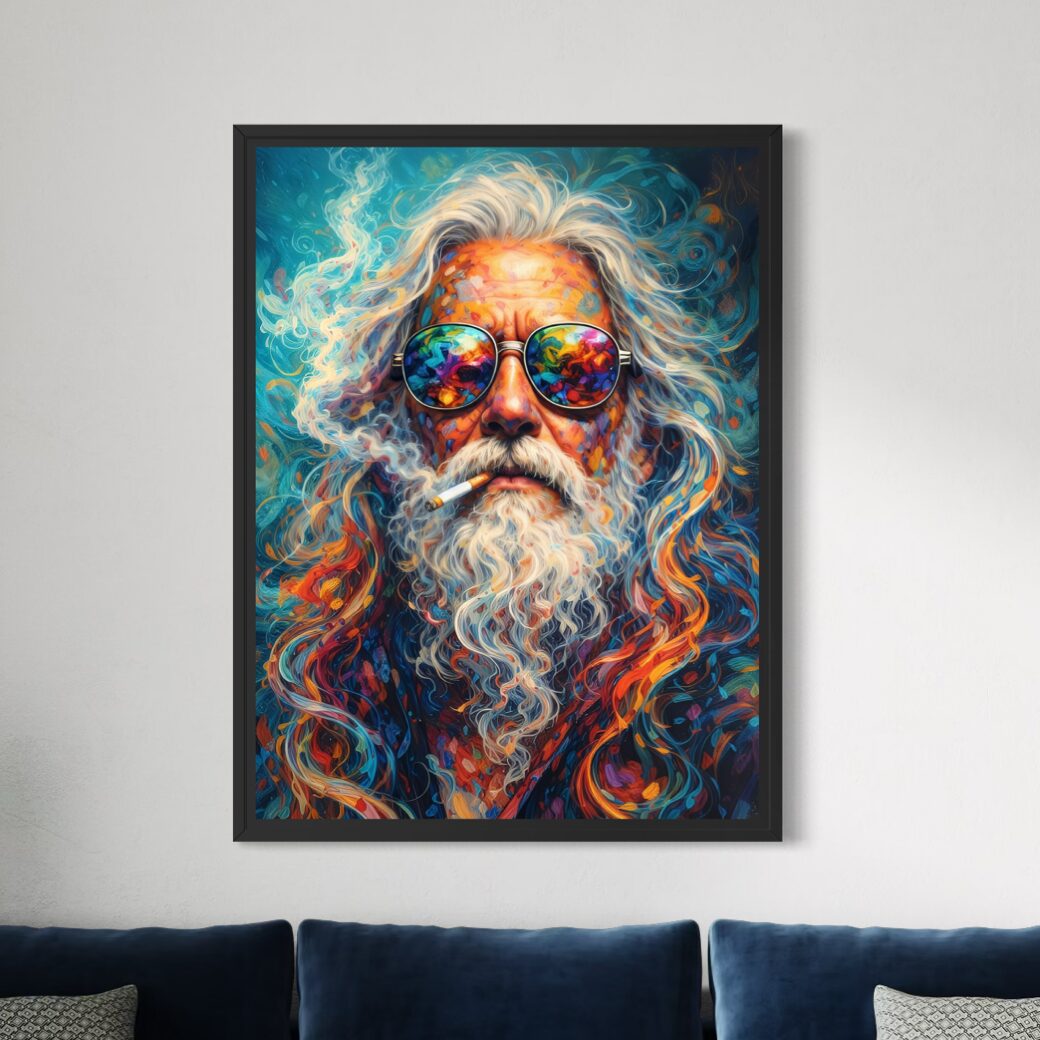 Tableau Psychédélique Homme Barbu – L'Alchimiste Tableau psychédélique homme barbu aux lunettes colorées, portrait artistique moderne aux couleurs vibrantes et esprit bohème