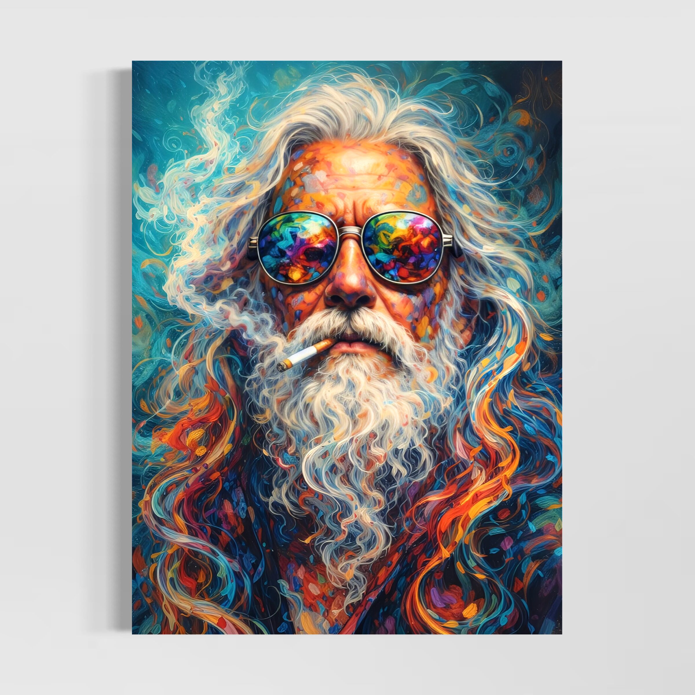 Tableau Psychédélique Homme Barbu – L'Alchimiste Tableau psychédélique représentant un homme à barbe blanche avec lunettes colorées, portrait artistique moderne aux couleurs vibrantes