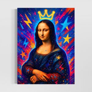 Tableau Queen Mona inspiré de la célèbre Mona Lisa revisité en version pop art contemporaine avec couronne lumineuse et couleurs vibrantes