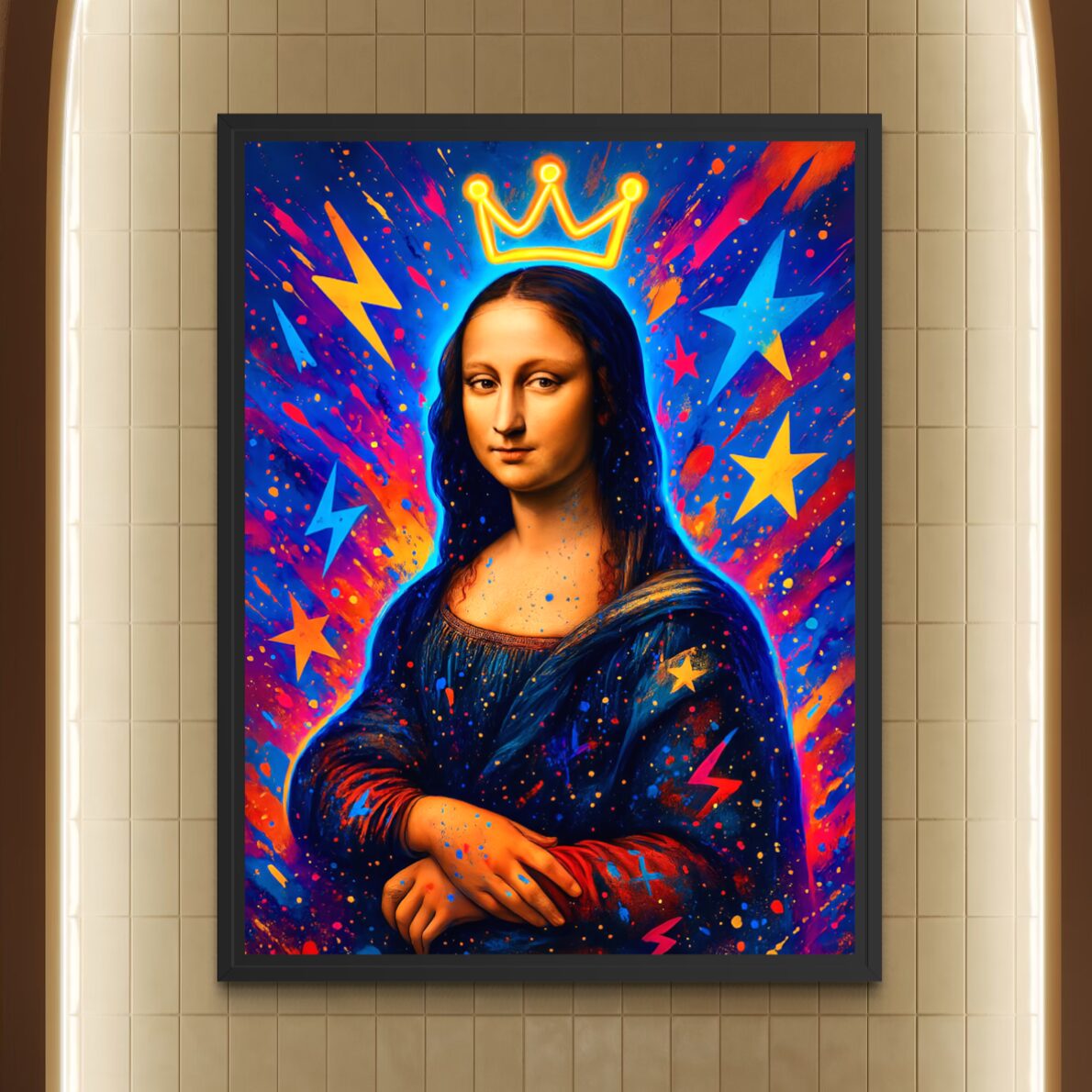 Tableau Queen Mona – Mona Lisa Pop Art Contemporaine | SPEKTRA Tableau Queen Mona inspiré de la Mona Lisa exposé dans un intérieur contemporain avec cadre noir et couleurs pop art éclatantes