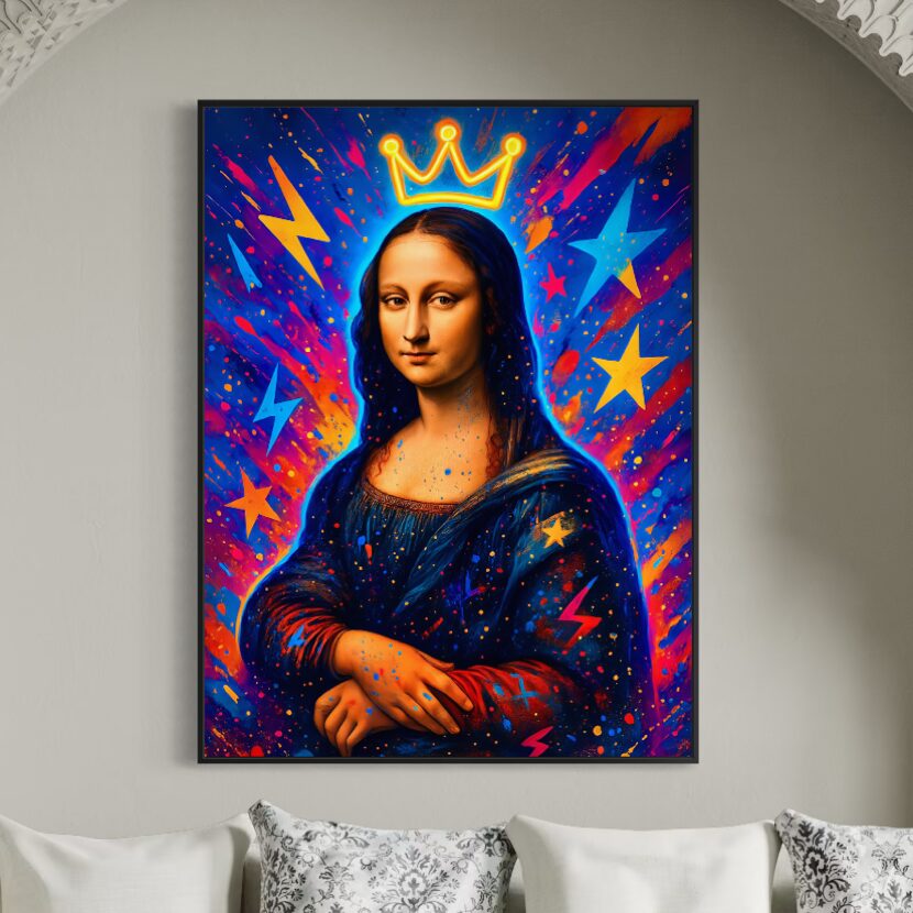 Tableau Queen Mona – Mona Lisa Pop Art Contemporaine | SPEKTRA Tableau Queen Mona inspiré de la Mona Lisa exposé dans un salon contemporain avec cadre noir et couleurs pop art éclatantes
