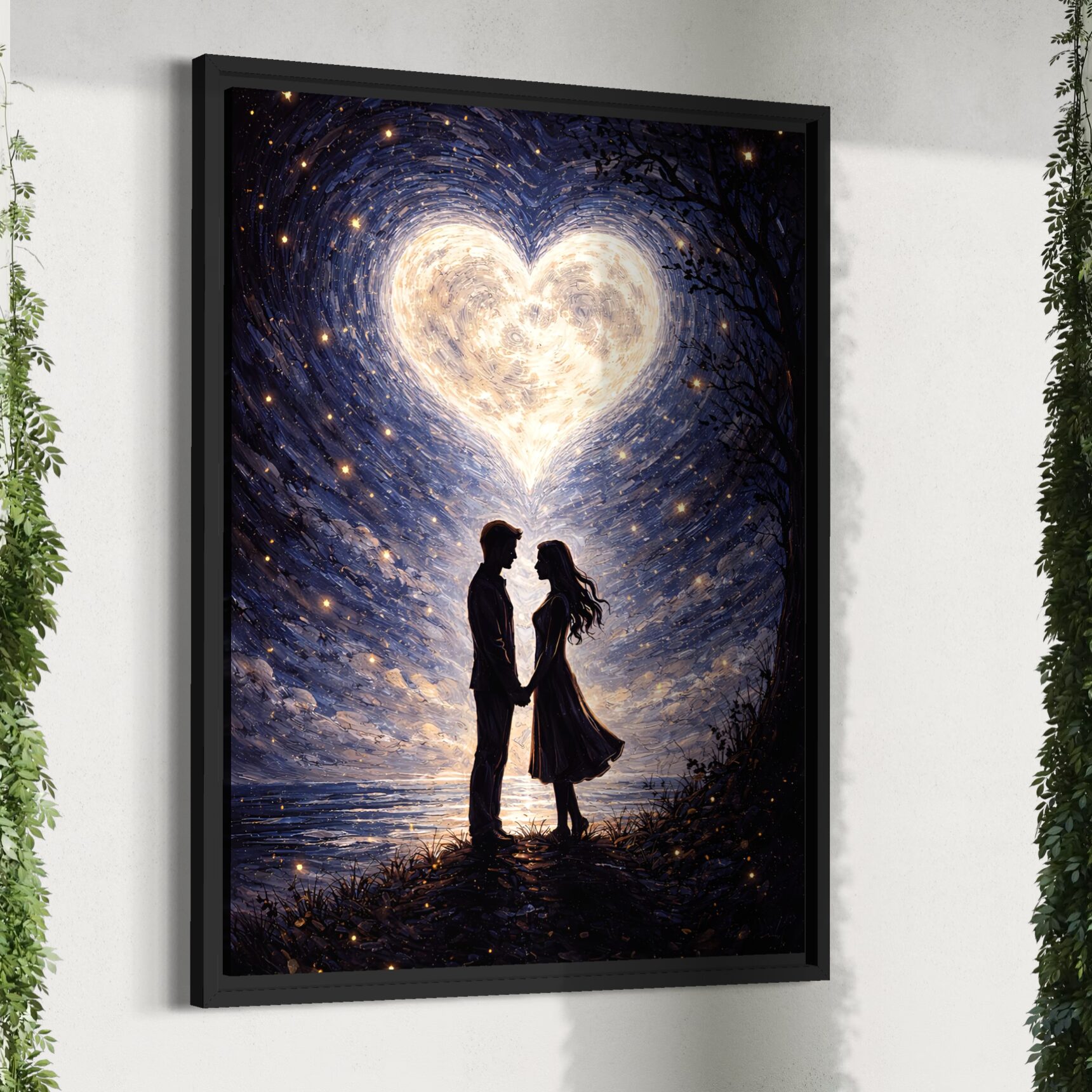 Tableau Destins Croisés – Couple Romantique et Cœur Lumineux Tableau romantique Destins Croisés représentant un couple amoureux se tenant la main sous un cœur céleste lumineux dans un ciel étoilé, édition limitée SPEKTRA.