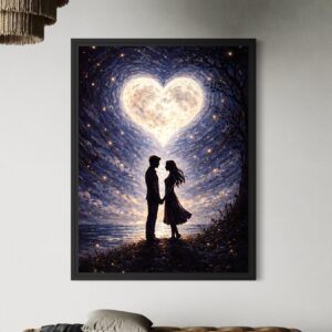 Tableau romantique Destins Croisés encadré représentant un couple amoureux sous un cœur céleste lumineux dans un ciel étoilé, décoration murale élégante SPEKTRA.