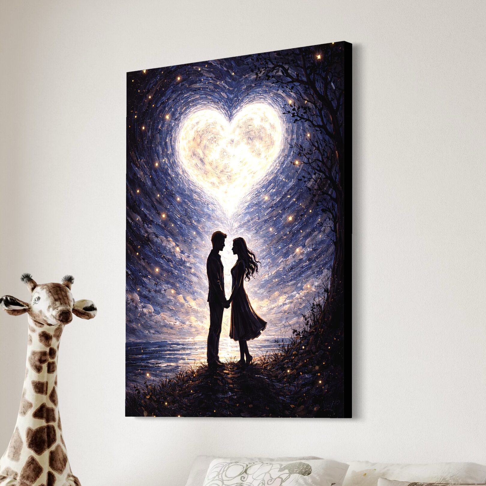 Tableau Destins Croisés – Couple Romantique et Cœur Lumineux Tableau romantique Destins Croisés représentant un couple amoureux sous un cœur lumineux dans un ciel étoilé, impression sur toile premium édition limitée SPEKTRA.