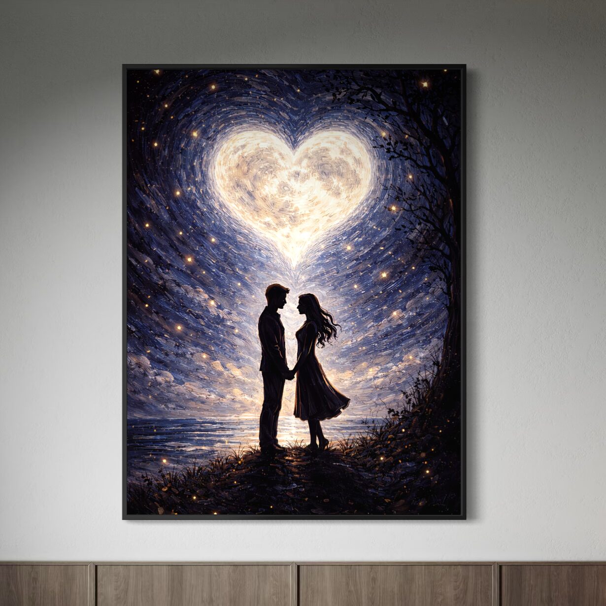 Tableau Destins Croisés – Couple Romantique et Cœur Lumineux Tableau romantique Destins Croisés représentant un couple amoureux sous un cœur lumineux dans un ciel étoilé, mis en scène dans un intérieur contemporain.