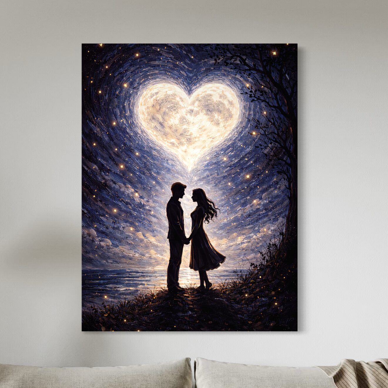 Tableau Destins Croisés – Couple Romantique et Cœur Lumineux Tableau romantique Destins Croisés représentant un couple amoureux sous un cœur lumineux dans un ciel étoilé, impression sur toile premium édition limitée SPEKTRA.