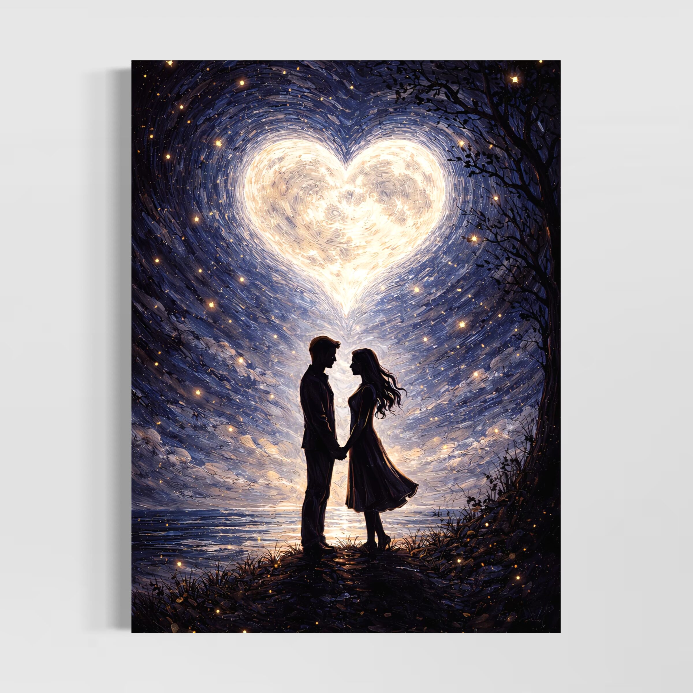 Tableau Destins Croisés – Couple Romantique et Cœur Lumineux Tableau romantique Destins Croisés représentant un couple sous un cœur lumineux dans un ciel étoilé, symbole d’amour, de rencontre et de connexion des âmes.