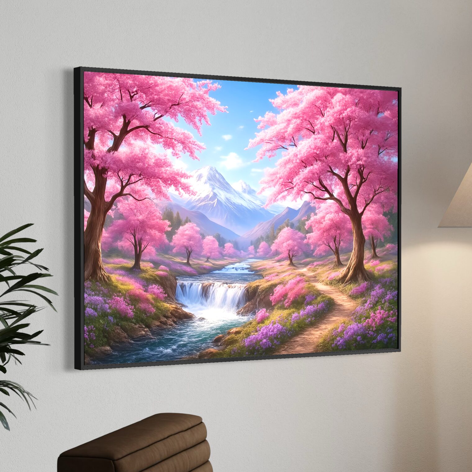 Sentier des Sakura – Tableau Paysage Japonais et Cerisiers en Fleurs | SPEKTRA Tableau Sentier des Sakura encadré représentant un paysage japonais avec cerisiers en fleurs, cascade, rivière et montagnes enneigées