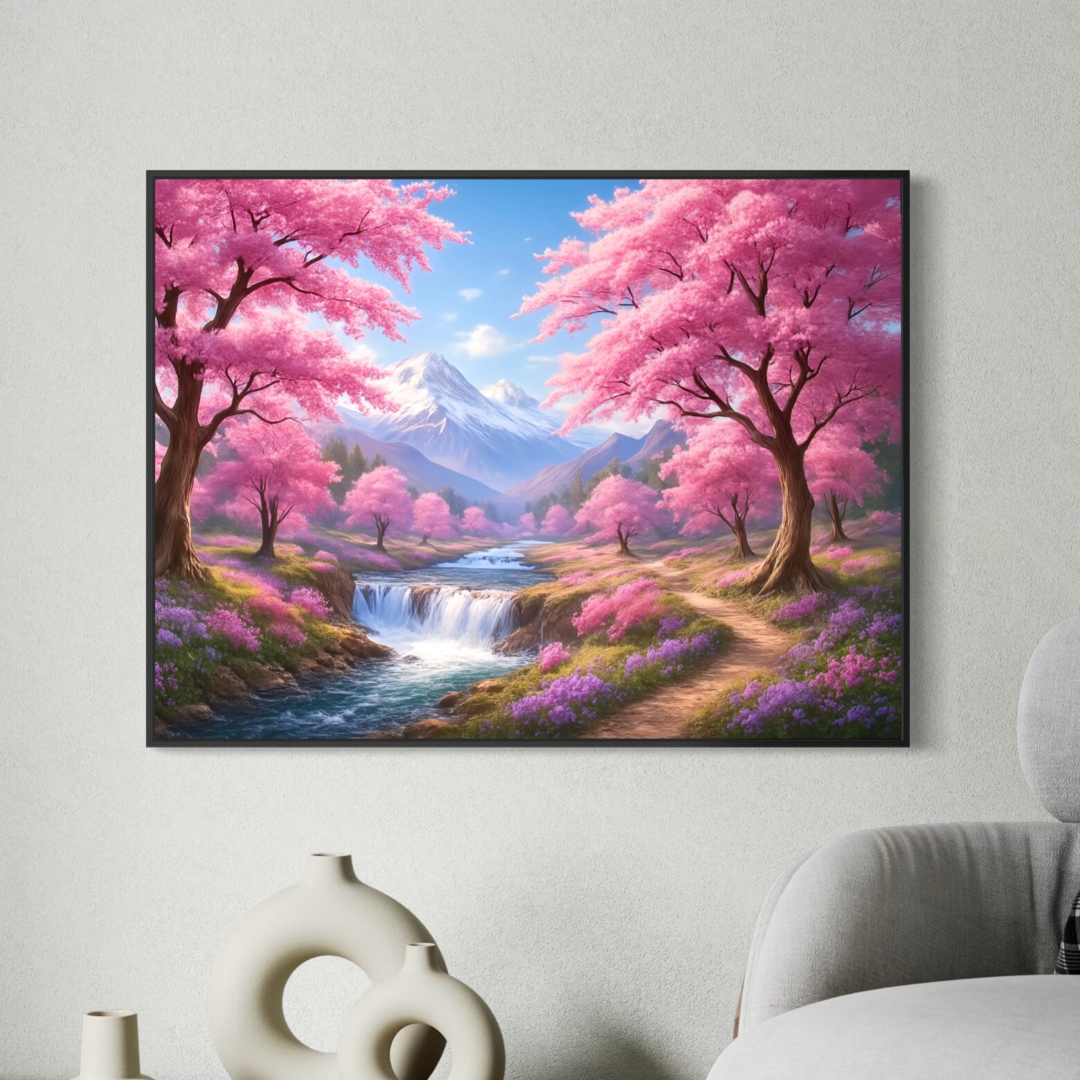 Sentier des Sakura – Tableau Paysage Japonais et Cerisiers en Fleurs | SPEKTRA Tableau Sentier des Sakura encadré représentant un paysage japonais avec cerisiers roses en fleurs, cascade et montagnes enneigées dans un salon contemporain