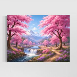 Tableau Sentier des Sakura représentant un paysage japonais avec cerisiers en fleurs, rivière, cascade et montagnes enneigées