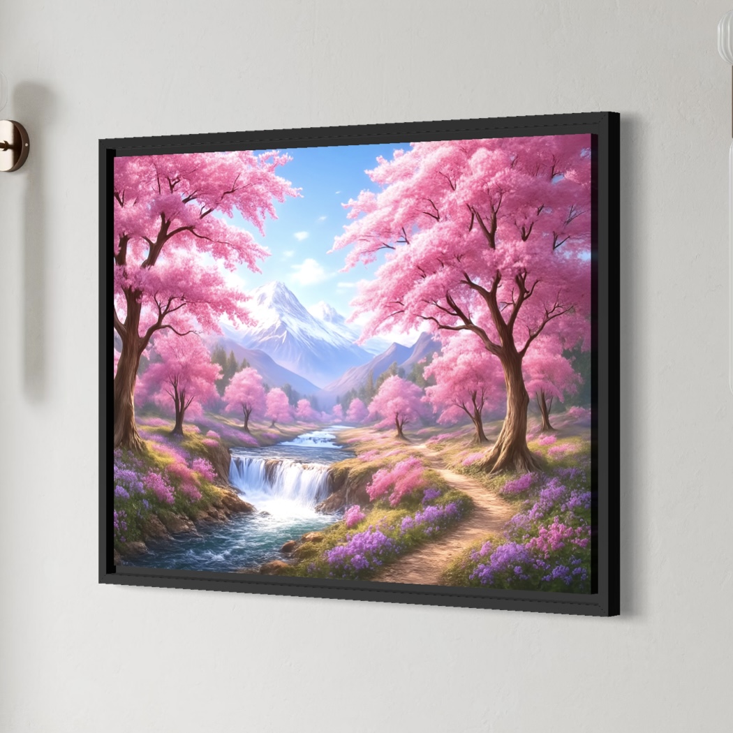 Sentier des Sakura – Tableau Paysage Japonais et Cerisiers en Fleurs | SPEKTRA Tableau Sentier des Sakura encadré noir représentant un paysage japonais avec cerisiers en fleurs, rivière, cascade et montagnes enneigées