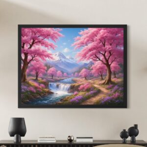 Tableau Sentier des Sakura encadré représentant des cerisiers japonais en fleurs, une cascade et des montagnes enneigées dans un intérieur contemporain