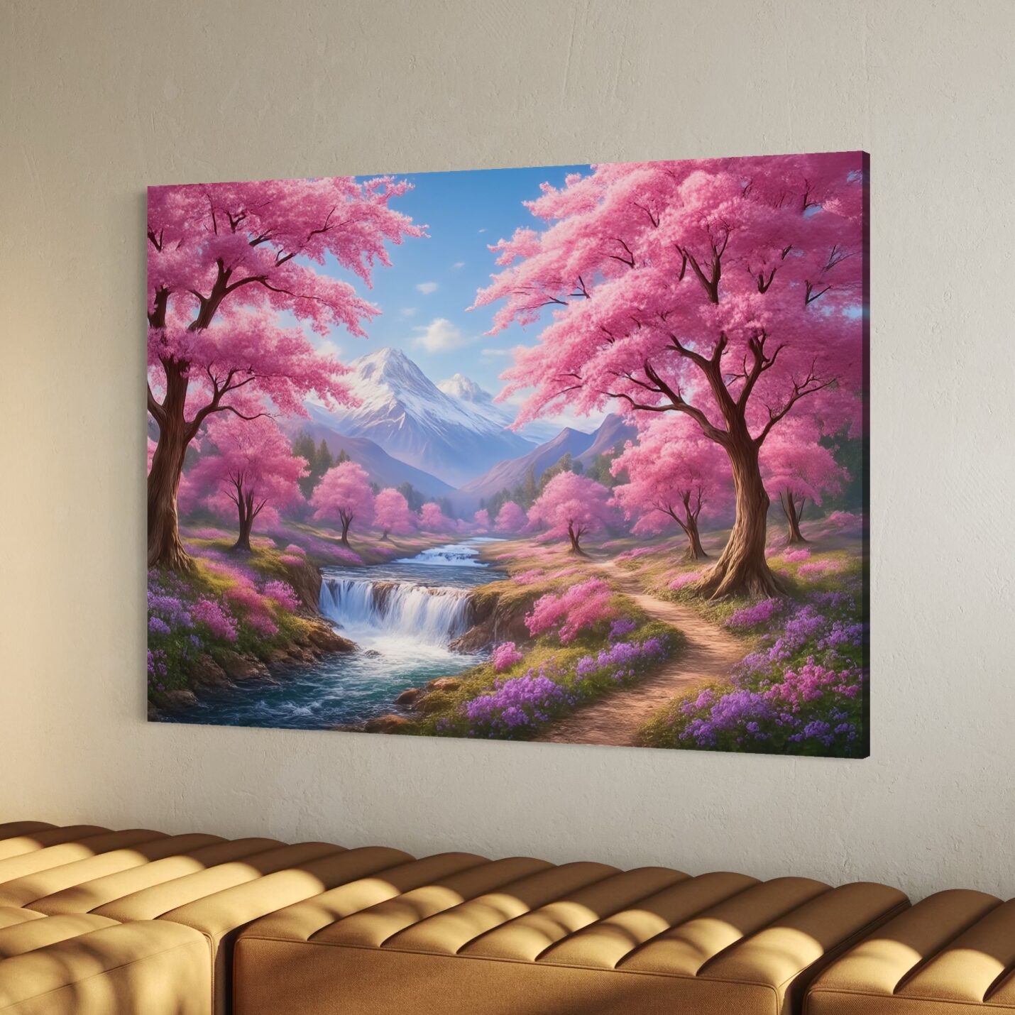 Sentier des Sakura – Tableau Paysage Japonais et Cerisiers en Fleurs | SPEKTRA Tableau Sentier des Sakura représentant une vallée japonaise avec cerisiers en fleurs roses, cascade et montagnes enneigées