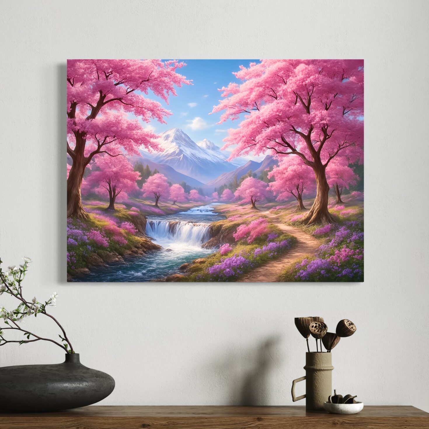 Sentier des Sakura – Tableau Paysage Japonais et Cerisiers en Fleurs | SPEKTRA Tableau Sentier des Sakura représentant un paysage japonais avec cerisiers en fleurs, cascade, rivière et montagnes enneigées dans un intérieur contemporain