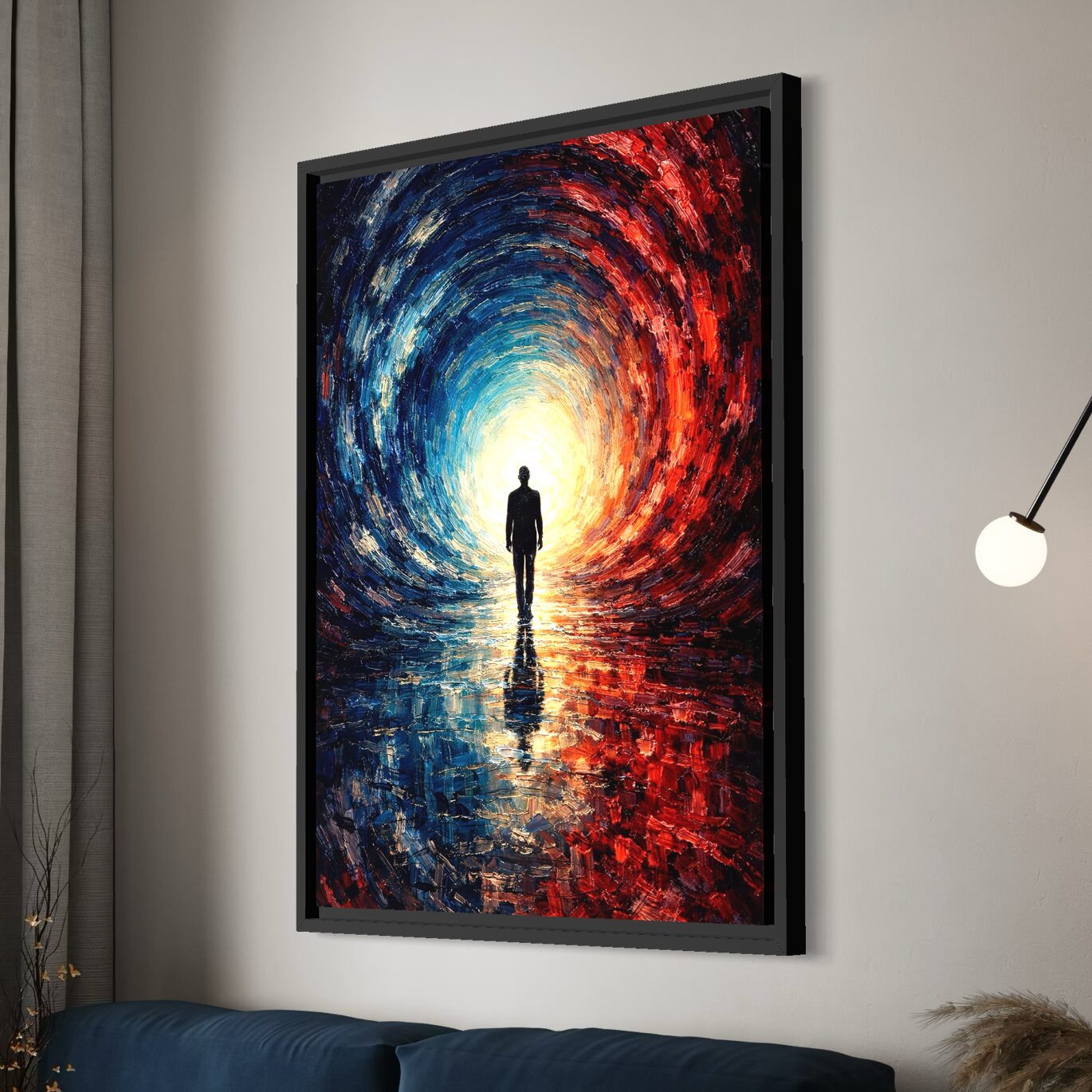 Tableau Abstrait Silhouette – La Traversée Vue latérale du tableau La Traversée encadré noir représentant une silhouette marchant vers une lumière intense, dans un tunnel abstrait bleu et rouge avec texture picturale.