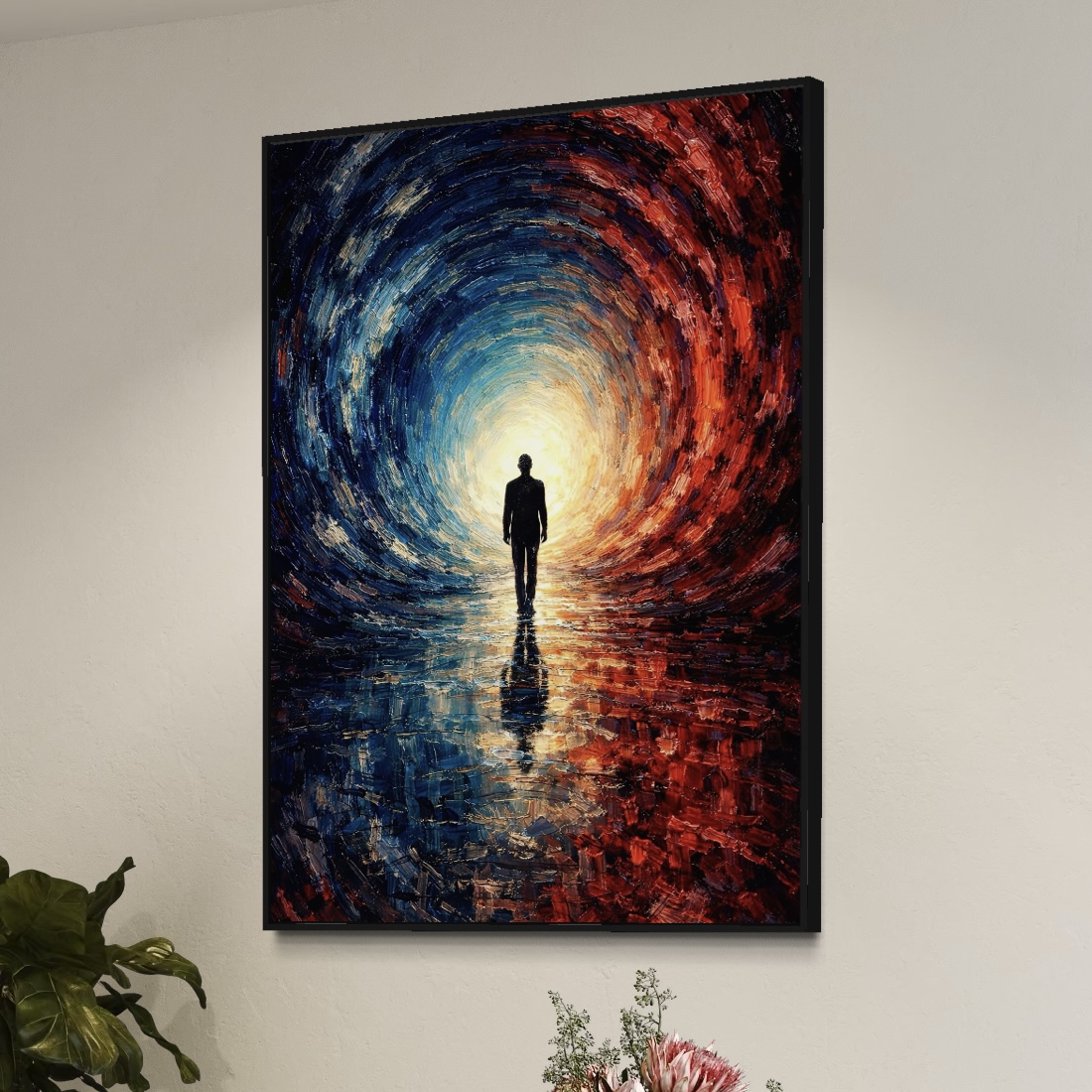 Tableau Abstrait Silhouette – La Traversée Tableau La Traversée représentant une silhouette marchant vers une lumière intense, entourée d’un passage abstrait bleu et rouge avec reflets et texture picturale contemporaine.