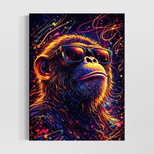 Tableau Monkey Star représentant un singe avec lunettes de soleil, couleurs néon, éclaboussures pop art et ambiance street art contemporaine.