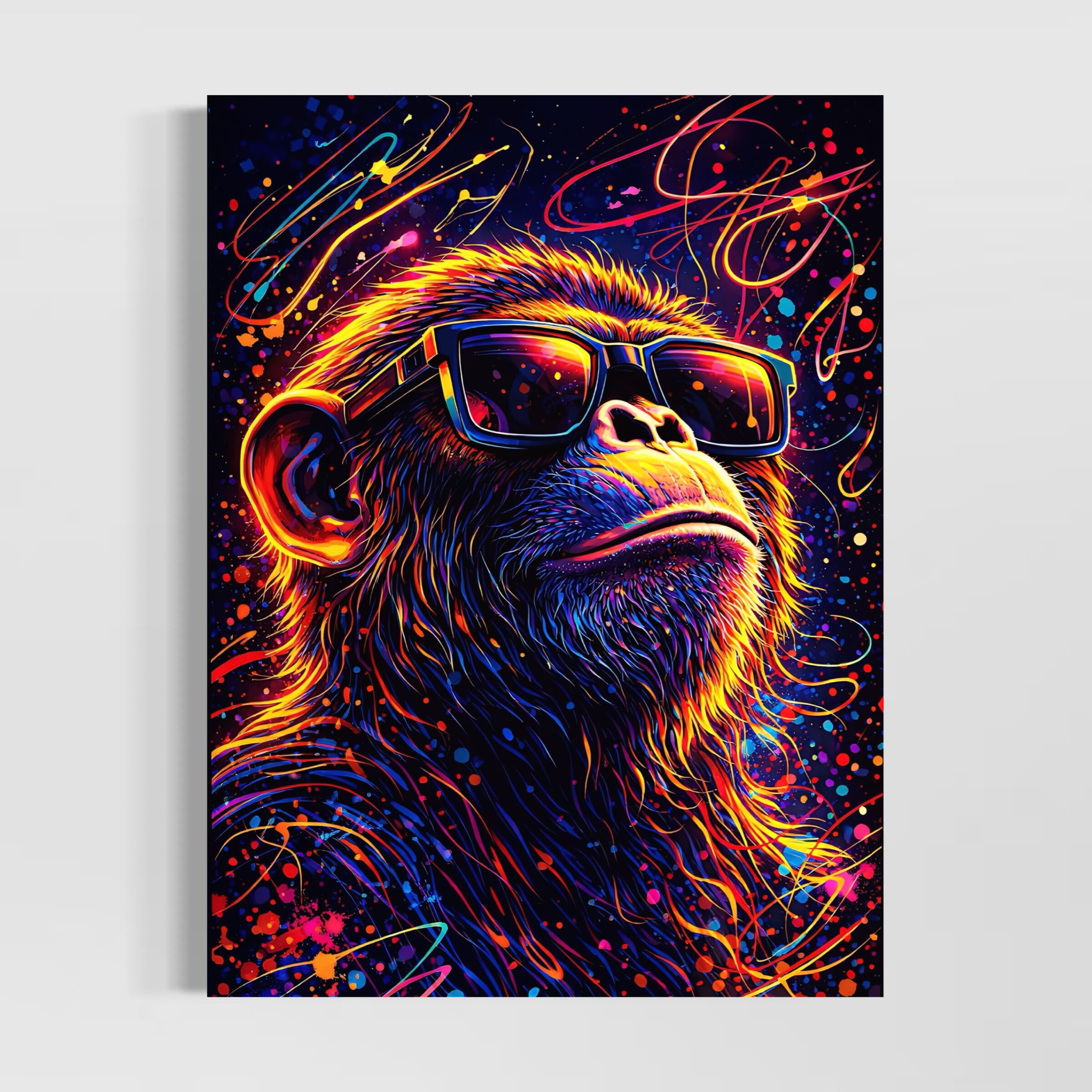 Tableau Monkey Star représentant un singe avec lunettes de soleil, couleurs néon, éclaboussures pop art et ambiance street art contemporaine.