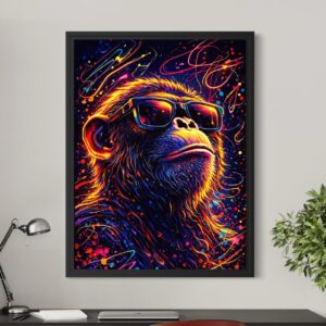 Tableau Monkey Star encadré noir représentant un singe avec lunettes de soleil, couleurs néon, éclaboussures pop art et ambiance street art dans un bureau moderne.