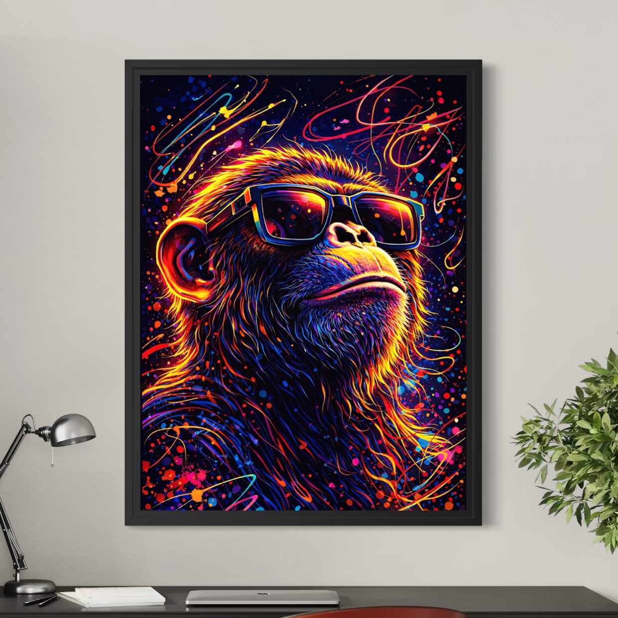 Tableau Monkey Star encadré noir représentant un singe avec lunettes de soleil, couleurs néon, éclaboussures pop art et ambiance street art dans un bureau moderne.