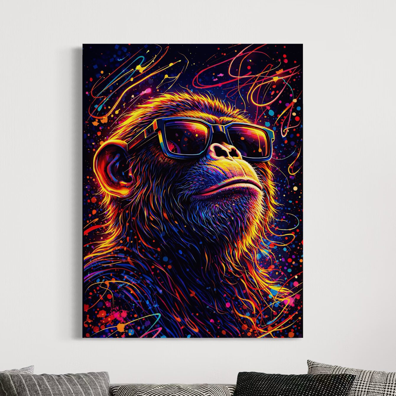 Tableau Monkey Star représentant un singe avec lunettes de soleil, couleurs néon, éclaboussures pop art et ambiance street art au-dessus d’un canapé.