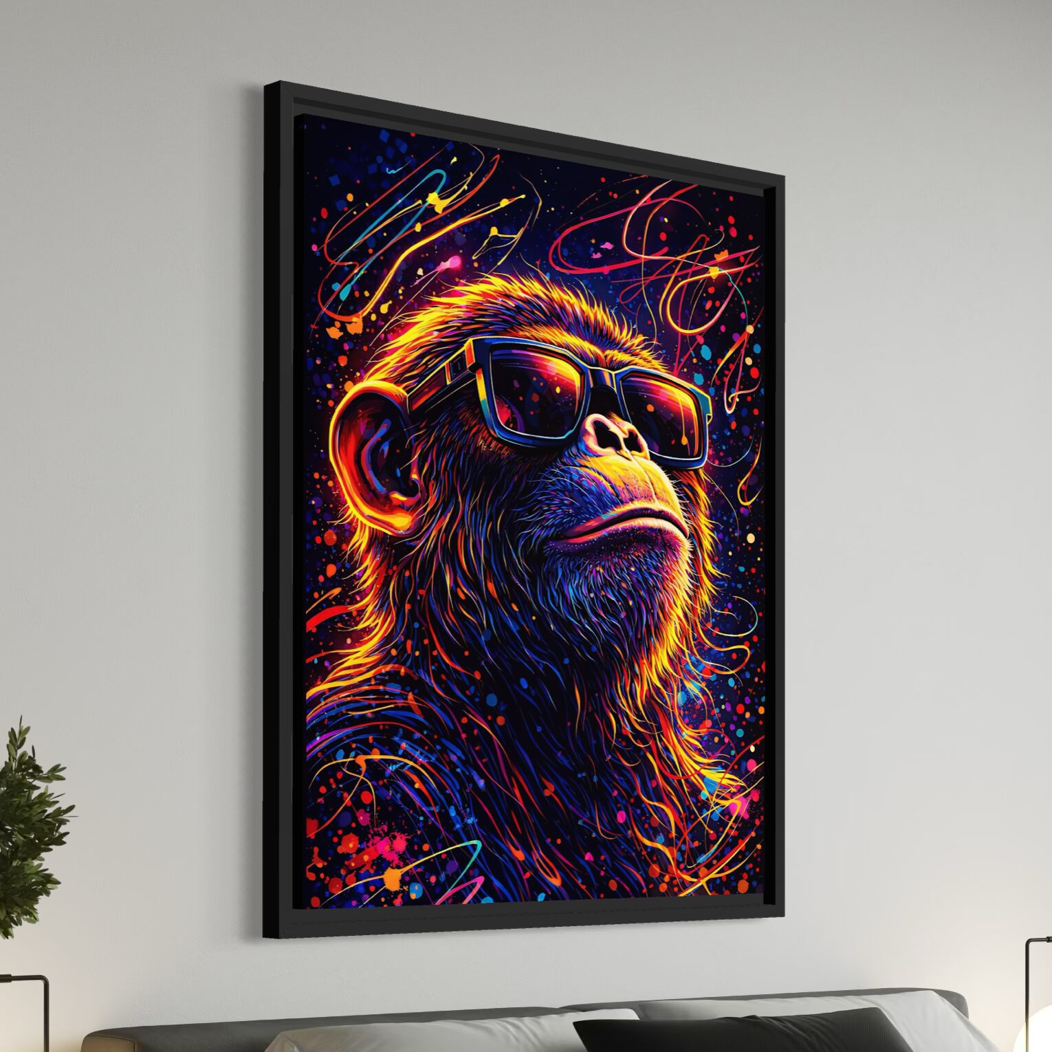 Vue latérale du tableau Monkey Star encadré noir représentant un singe avec lunettes de soleil, couleurs néon, éclaboussures pop art et ambiance street art dans une chambre moderne.