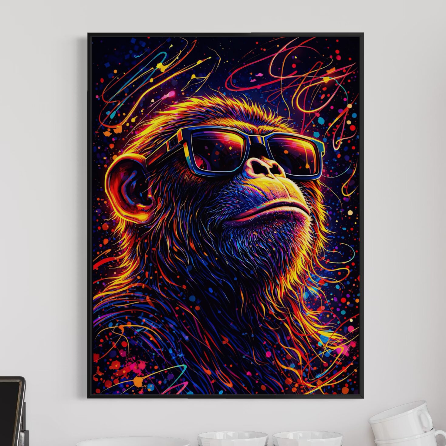 Tableau Monkey Star encadré noir représentant un singe avec lunettes de soleil, couleurs néon, éclaboussures pop art et ambiance street art dans une décoration moderne.